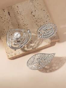 3 Stück übertriebene große Blumen Perle Cut Out Blatt Design Ringe aus Metall, modische personalisierte florale Muster Bänder - Silber - Übersicht 2
