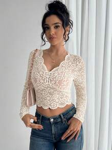 Femmes Top manches longues à imprimé floral, col V en dentelle, couleur unie, printemps/été - Blanc - Voir 6