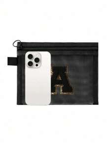 Black Mesh Bag, Large Capacity With Name Initials, Towel Embroidered Letters A-Z, Transparent Mesh Cosmetic Storage Bag, Multi-Functional Travel Portable Bag, Lipstick Skincare Product Storage Washing And Makeup Bag, Student Stationery Bag, Mesh Zipper Bag, Travel Cosmetic Packaging Storage Bag, Simple And High-End, Accessory Storage, Suitable For Dormitory Storage, Travel, Business Trip, Swimming, Home Storage Make Up Bag - Black - View 5