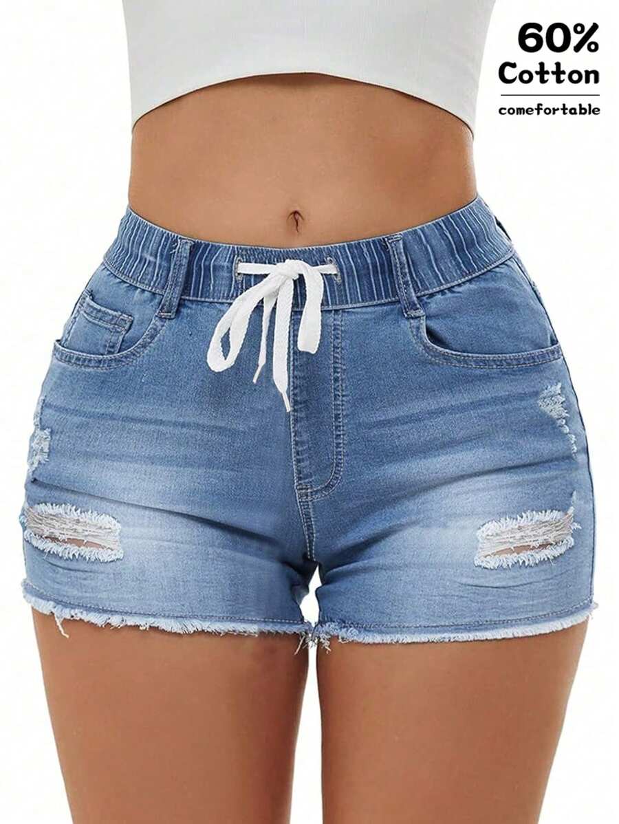 女士弹性腰部做旧毛边牛仔短裤
