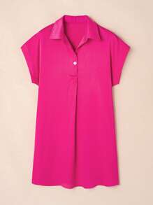 Vestito estivo da donna a maniche corte, con collo a bottoni, taglio morbido, fluido e casual, con tasche, adatto per spiaggia e uso quotidiano - Fucsia - Visualizzare 8