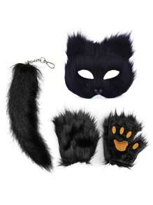 毛茸茸的兽人面具和狐狸尾巴手套套装（适合女孩）、猫面具兽人、狼兽人装备舞会 - 彩色 - 查看 9
