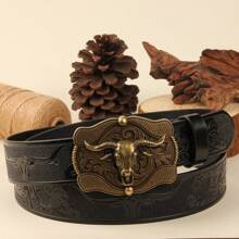 3.7cm Wide Cowboy Style Western Open-Mouth Bull Head Shape PU Leather Belt Buckle, Smooth Buckle With Stamping & Round Hole Design For Men & Women