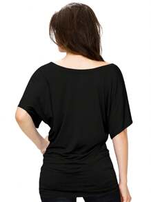 HIGHFINE Women's Boat Neck Short-Sleeved Bat Sleeve On The Band Side Draping - màu đen - Xem 4