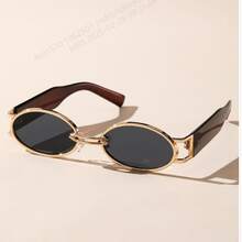 1pc Plastic Frame Classic Oval Golden Rim Decorative Fashion Glasses - Grey - View 2