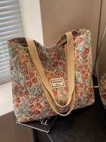 1pc Floral Print Canvas Tote Shoulder Bag, Portable Storage Commuter Bag Student Large Capacity Tote Bag, Embroidered Flower Shoulder Bag, Waterproof Canvas Travel Shoulder Bag, Suitable For Office, School, Travel, Mothers Going Out To Class Commuting Large Capacity, Portable, Suitable For Female College Students, Very Suitable For Back To School, First Day Of School, Middle School, High School, Shopping, Vacation