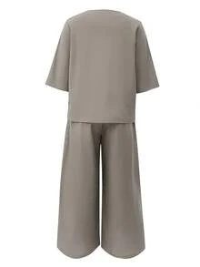 2pcs/Set Women Solid V-Neck Top And Pocket Pants Casual Outfit - Mocha Brown - View 2