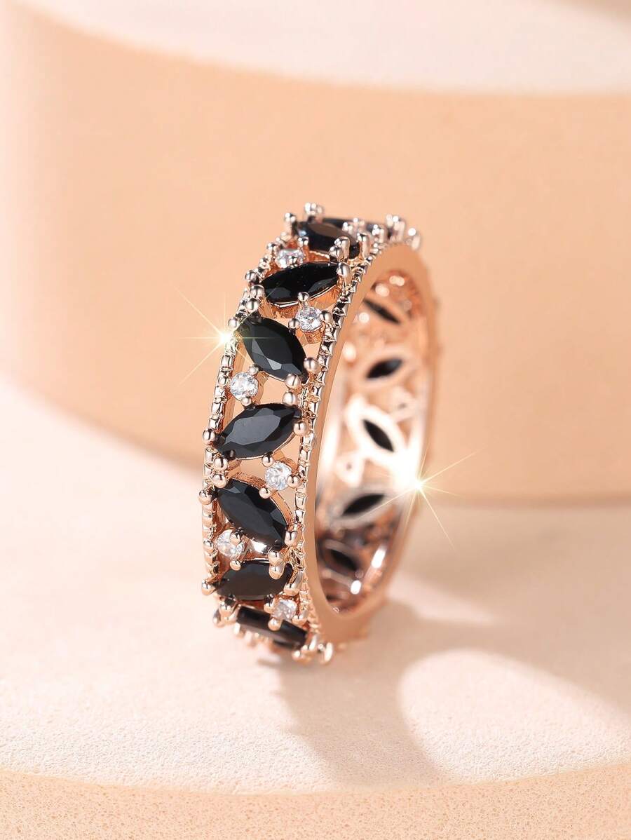 1 件奢华高贵黑色锆石全镶嵌玫瑰金女士戒指，节日、周年纪念、生日礼物 - 黑色 - 查看 1