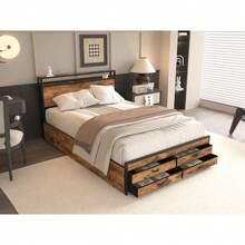 Queen Size Bed Frame With 8 Storage Drawers, LED Headboard With Charging Station, Metal Platform Bed Frame, No Box Spring Needed, Noise-Free, Stable And Solid, Brown - 棕色 - 查看 1
