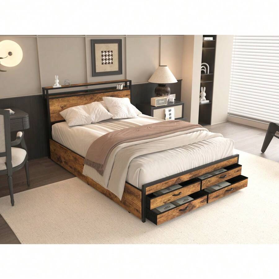 Queen Size Bed Frame With 8 Storage Drawers, LED Headboard With Charging Station, Metal Platform Bed Frame, No Box Spring Needed, Noise-Free, Stable And Solid, Brown - 棕色 - 查看 1
