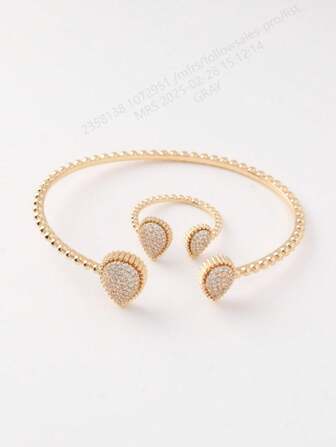 一套女款新款欧美14K金铜复古同向滴水满锆石简约多配开口手链戒指套装