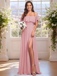 Off-Shoulder Ruffle Sleeve Side Slit A-Line Chiffon Light Pink Bridesmaid Dress, Wedding Guest Dress, Wedding/Vacation/Graduation Ceremony - Baby Pink - View 7