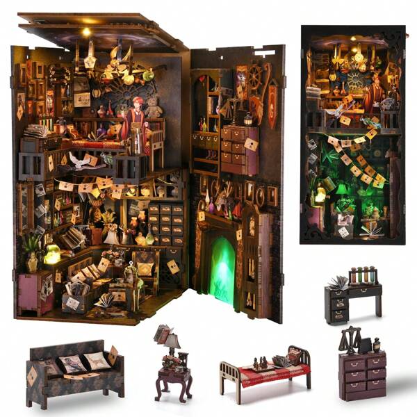 Kit de serre-livres en bois 3D à faire soi-même - Modèle de maison miniature pour adultes et adolescents avec décoration d'étagère de style ruelle, cadeau de Noël, cadeau d'anniversaire