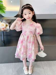Girls Toddler Cute Floral Mesh Short Sleeve Princess Dress, Children Summer Outfit