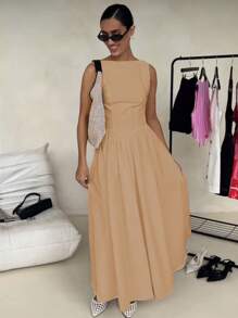 Women Sleeveless Round Neck High Waist Slim Backless Zipper A-Line Maxi Dress - 米色 - 查看 3