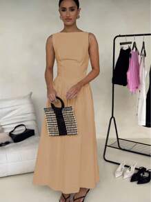 Women Sleeveless Round Neck High Waist Slim Backless Zipper A-Line Maxi Dress - 米色 - 查看 4