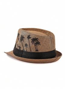 1 pieza Sombrero de paja con estampado de árbol de palma estilo bohemio acolchado, sombrero de sol decorativo con protección UV, versátil para hombres y mujeres, para todas las estaciones