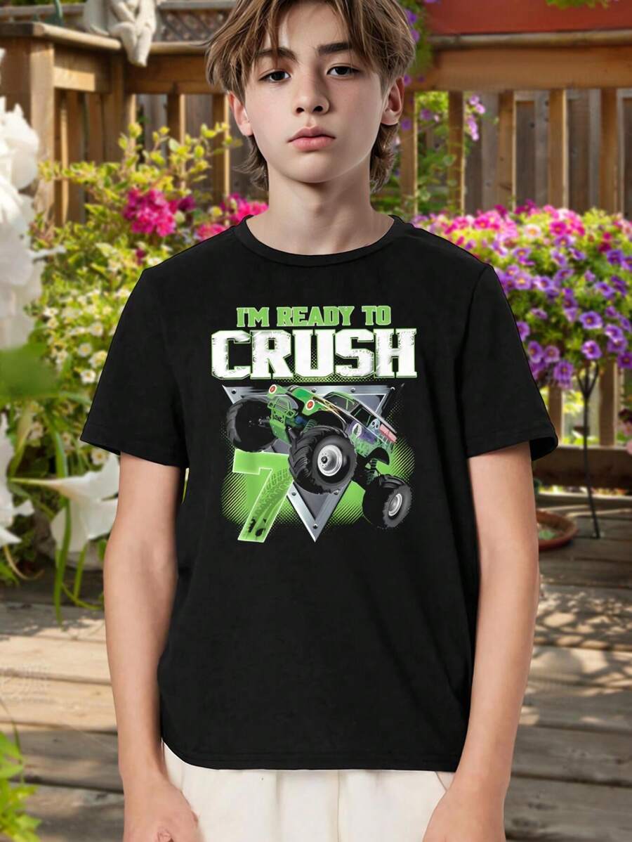 Monster Truck Birthday T-Shirt - 'I'm Ready To Crush' Boy's Tee - Green Black Graphic - Perfect Gift For Monster Jam Fans Kids - màu đen - Xem 1