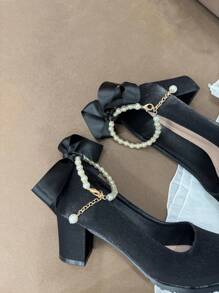 Tacones gruesos elegantes con decoración de cristales y perlas para niña, talla grande, adecuados para vestidos formales y ocasiones, con correa de tobillo ajustable