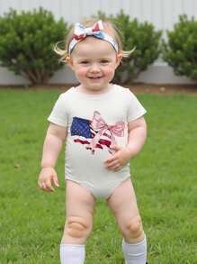 Mono de verano para niña, bonito mono de manga corta con estampado de bandera y lazo, mono para recién nacida - Blanco - Ver 9