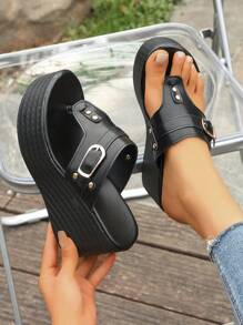 Women's Comfortable Casual Fashion Thick-Sole Flip-Flop Sandals With Side Buckle Decor, Suitable For Daily Wear, Vacation, Matching Skirts And Pants, Lightweight And Stylish - Black - View 7