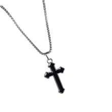 1pc Black Cross Pendant Necklace With Silver-Tone Metal Chain, Minimalist & Mysterious Design