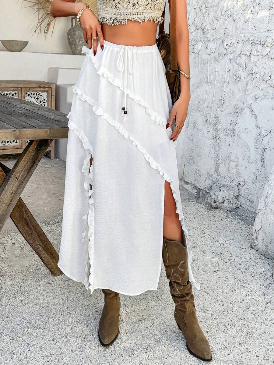 Women's Summer Casual Waist Tie Frill Trim Asymmetric Hem Solid Color Beach Skirt - White - View 1