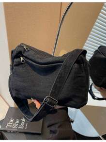 复古帆布包开学季单肩包帆布包大容量健身包斜挎包男女韩版单肩帆布个性文艺牛仔大容量水洗布班包斜挎包 - 黑色 - 查看 2