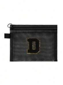 Black Mesh Bag, Large Capacity With Name Initials, Towel Embroidered Letters A-Z, Transparent Mesh Cosmetic Storage Bag, Multi-Functional Travel Portable Bag, Lipstick Skincare Product Storage Washing And Makeup Bag, Student Stationery Bag, Mesh Zipper Bag, Travel Cosmetic Packaging Storage Bag, Simple And High-End, Accessory Storage, Suitable For Dormitory Storage, Travel, Business Trip, Swimming, Home Storage Make Up Bag - Black - View 19