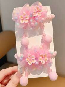 2pcs Kids Cute Floral Cartoon Hair Scrunchies, Flower Tulle Hair Ties For Girls, No Card Package