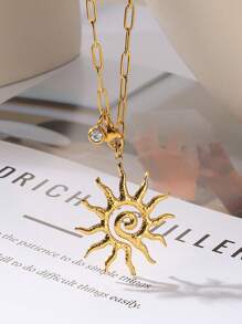 1 pieza Collar con colgante de sol de acero inoxidable para mujer, color dorado con cadena y dije de circonita, joyería estética como regalo