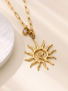 1 pieza Collar con colgante de sol de acero inoxidable para mujer, color dorado con cadena y dije de circonita, joyería estética como regalo