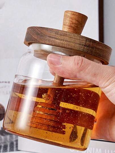 1pc Acacia Wood Lid Honey Jar With Wooden Stirring Stick And High Borosilicate Glass Sealed Jar For Honey Storage,Food,,Kitchen,Travel,Kitchen Items,Kitchen Tools,Kitchen Things.
