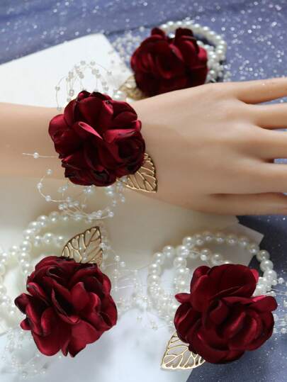 Set de 4 pulseras de muñeca con corsage para novia y damas de honor, de color vino tinto, con perlas falsas elásticas, para bodas, fiestas, banquetes y accesorios del Día de San Valentín