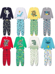 8 Pieces Of Assorted Long Sleeve Children's Pajamas For Boys - 4 T-Shirts + 4 Pants - 彩色 - 查看 3