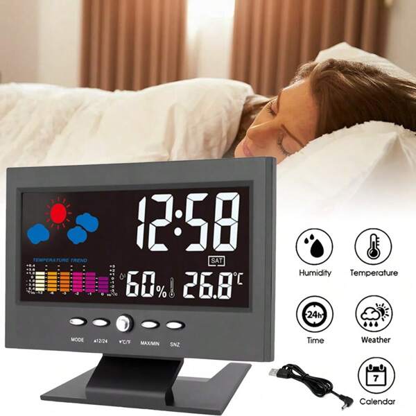 Auto Set Digital Alarm Clock | Color Display LCD Screen With Snooze Calendar Thermometer Hygrometer Weather Display | Large Digits LED, Easy To Read - Perfect For Nightstand Or Desk