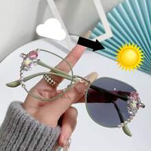 1pc Fashionable Women'S Square Frameless Gradient Lens Glasses With Rhinestone Embellishments, Metal Material Fashion Eyeglasses Classic Modern Simple Style Photochromic Glasses For Summer Beach Vacation,Outdoor,Travel - Multicolor - View 12