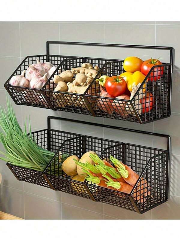 1 pièce Panier de rangement mural de cuisine - Étagère de rangement multifonctionnelle pour les légumes, l'ail, les oignons - Étagère en métal - Convient pour un petit rangement de cuisine et de salle de bain, sans batterie requise, fabriqué à partir d'autres matériaux