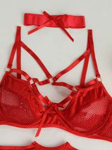 Woman's Lingerie Greener Mesh See Through Garter Bra Set Of 3 - 紅色 - 查看 6