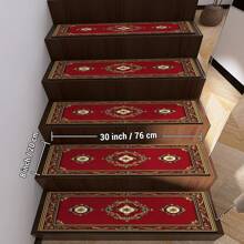 Non-Slip Stair Treads For Wooden Steps, Red Vintage Stair Treads With Super-Grip Rubber Backing, Water-Resistant & Machine Washable Safety Pads – Pet-Safe And Elderly-Friendly Indoor Anti-Skid Protection 15PCS Set
