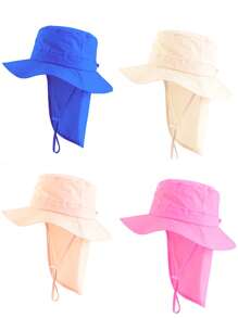 1pc Kids' Casual Solid Color Quick-Dry Adjustable Wide-Brim Outdoor Sun Ion Neck Cover Bucket Hat, Spring/Summer
