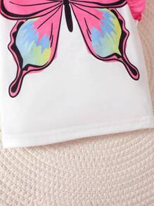 2 件套蝴蝶图案印花盖袖圆领上衣 + 数码印花蝴蝶针织短裤可爱简约套装（非牛仔布） - 白色 - 查看 6