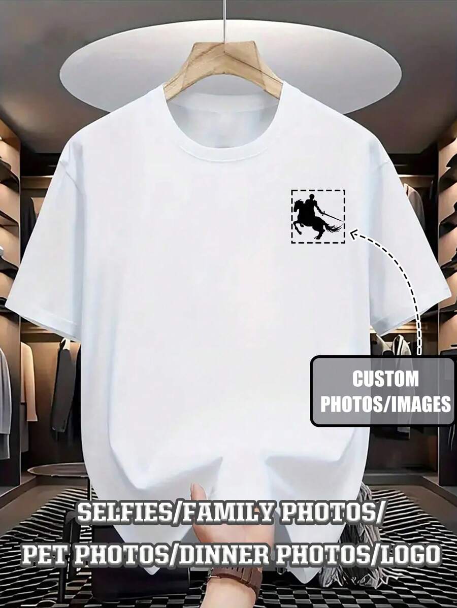 Customized Men's T-Shirt, Can Customize Photo Printing Men's T-Shirt, Personalized Printed Crew Neck T-Shirt, Customized Men's T-Shirt - Add Your Own Text And Images (Family Photo/Selfie/Pet Photo/Friend Group Photo/Company Logo) Ornamental,Dawg Stylish,Fashion,Hipster,Contracted,Easy Costume,Modest Fashion,Minimal Chic,Casual Custom,Unique,Personalized Ideal Gifts For Him Family,Boyfriend,Friends,Children - White - View 1