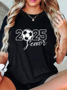 Senior 2025 Soccer Mom High School Graduation Outfit Proud T-Shirt Women T Shirt, Short Sleeve Round Neck Casual Top For Summer & Spring, Women's Clothing