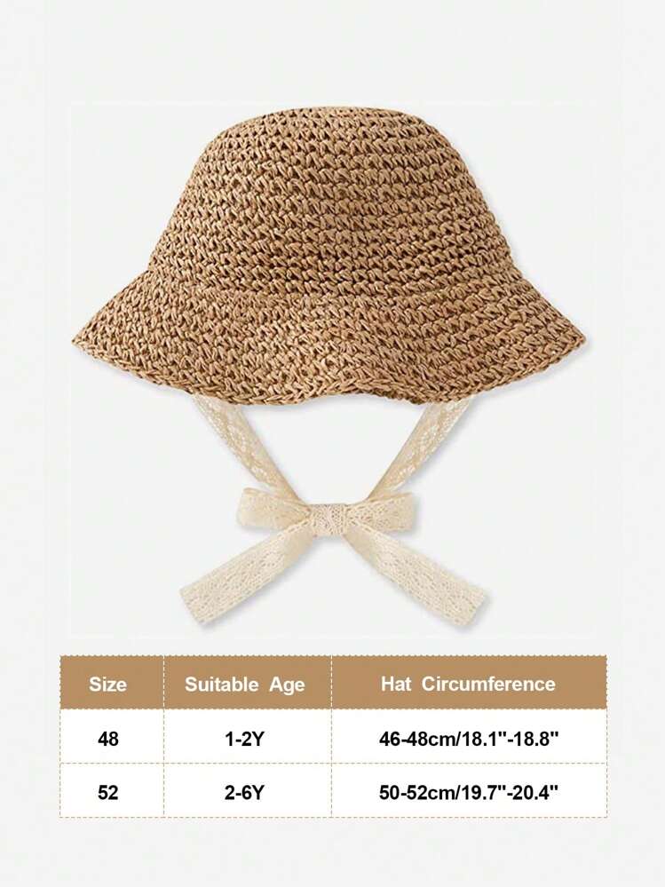 1 stuk unisex baby- en peuterhoed, rand met gebreide kanten strikversiering, ademende zonnehoed, geschikt voor kinderen van 1-6 jaar, casual kleding voor de lente, zomer en herfst. - Kaki - Bekijken 5