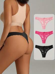 3pcs/Set Women Solid Color Sexy Lace G-String, Breathable Stretchy V-Shape Strappy Comfortable Fitted Panties