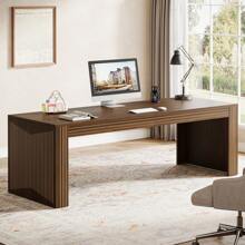 LITTLE TREE 79-Inch Extra Long Desk, Two Person Desk For Home Office, Lengthy Wooden Double Computer Table, Comprehensive Writing Desk For Office, Brown - 棕色 - 查看 1