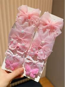12pcs Pink Cute Flower & Bowknot Hair Clips, Suitable For Teens To Wear In Daily Life And School