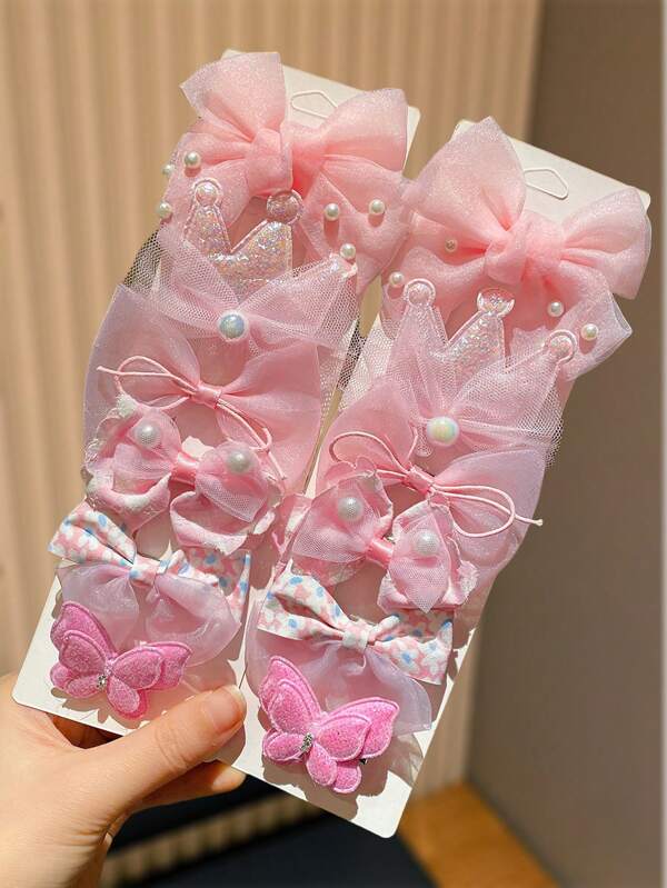 12pcs Pink Cute Flower & Bowknot Hair Clips, Suitable For Teens To Wear In Daily Life And School