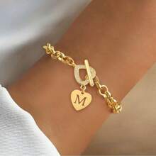 1pc Simple Classic Heart Initial Pave Zirconia Heart Toggle Clasps Gold Color Stainless Steel Chain Bracelets For Women - Yellow Gold - View 1